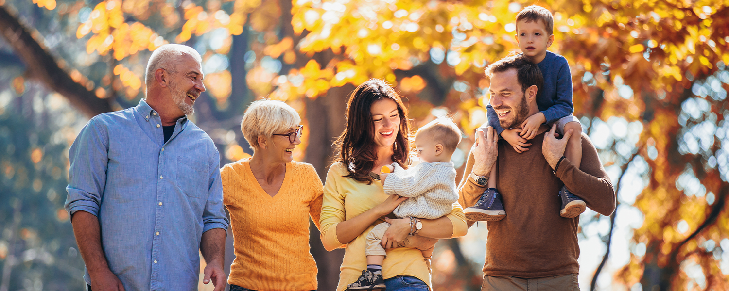 Large family walking together in the fall